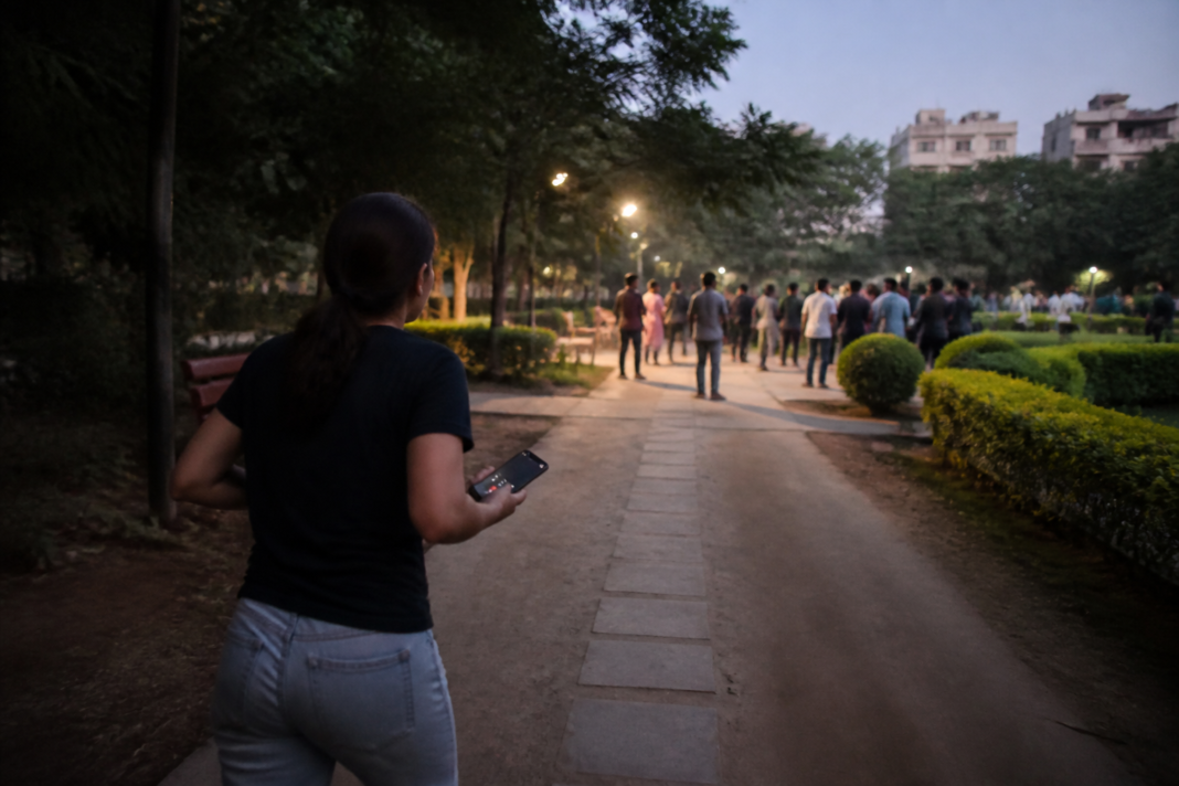 Fake cops in Delhi: a dimly lit public park path with a phone calling emergency services