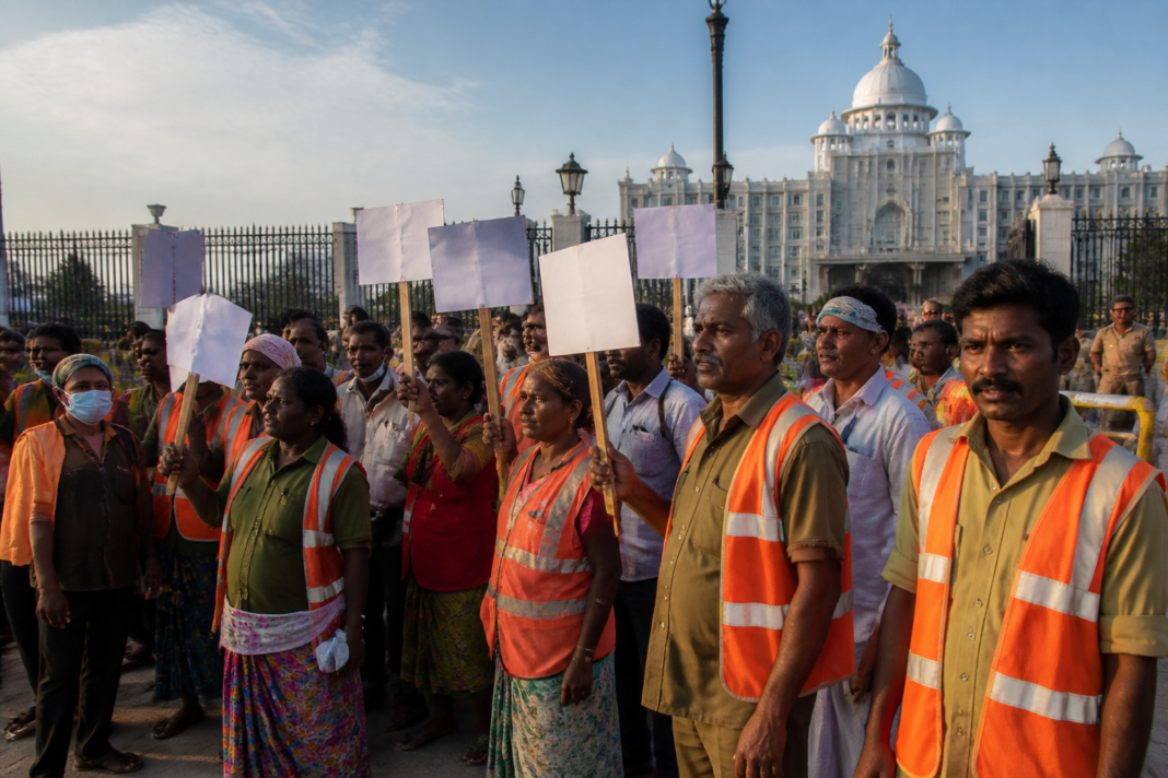Telangana sanitary workers protesting outside the Secretariat over unpaid salaries