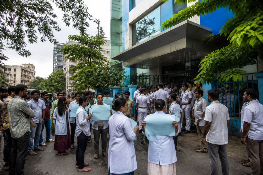 Doctors protesting over West Bengal fake doctors allegations outside the Medical Council office in Salt Lake