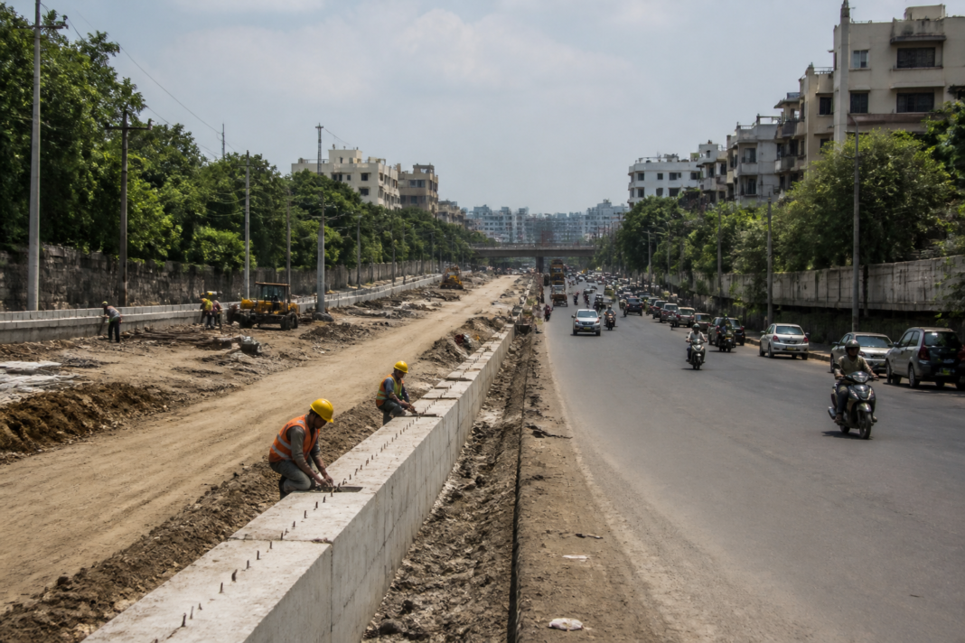 Baner-Pashan Link Road construction corridor in Pune with urban traffic and unfinished roadwork