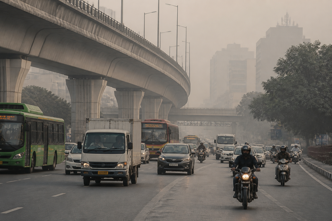 Delhi pollution rules shown through traffic on a smoggy NCR road with buses and electric vehicles.