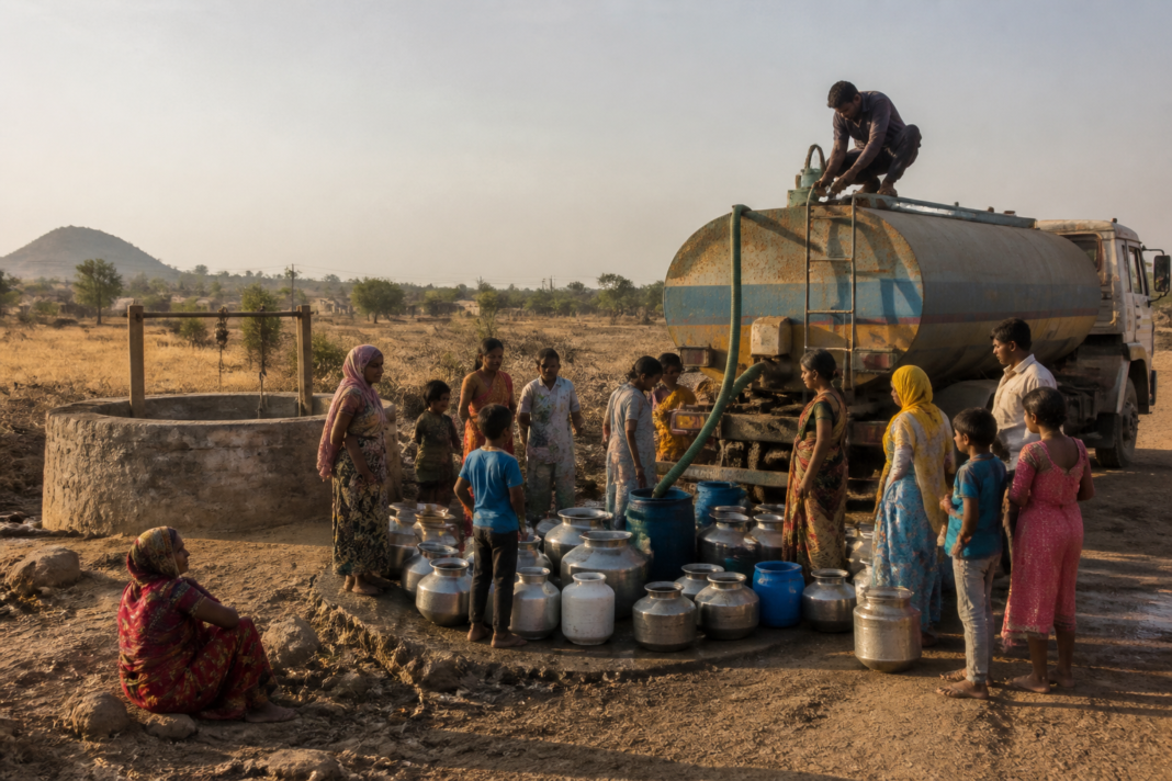 Marathwada water crisis as a tanker supplies a drought-affected village in Maharashtra