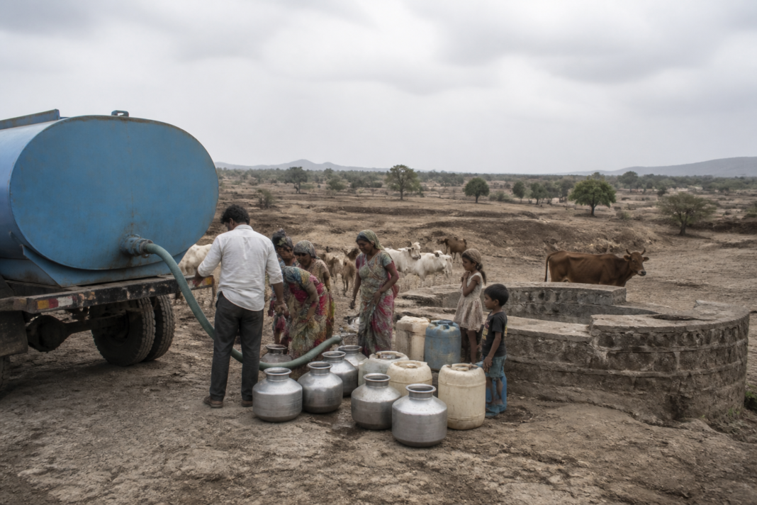 Water tanker supplying a drought-hit village in Marathwada during a dry monsoon