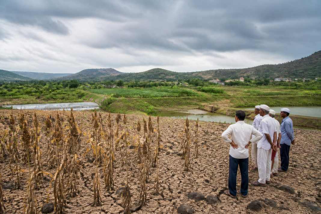 Maharashtra drought landscape contrasting dry farmland with green fields near Ralegan Siddhi