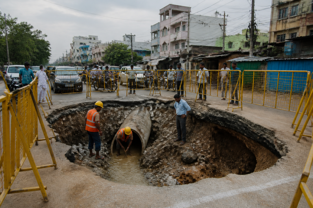 Chennai sinkhole barricaded on Perambur Barracks Road near a sewage pumping station