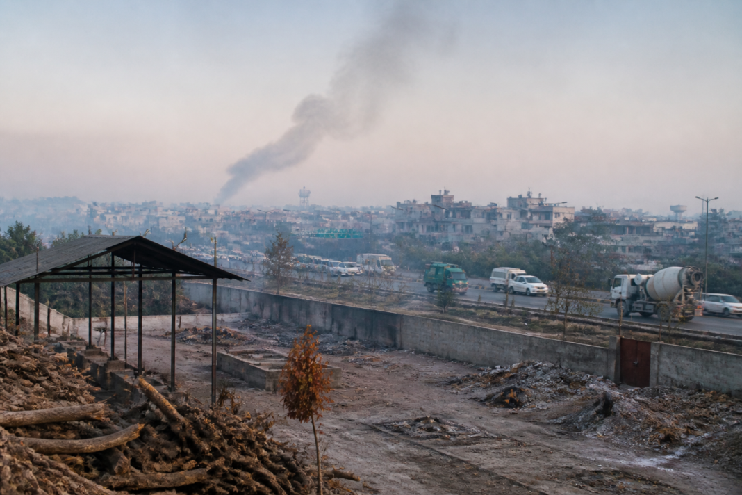Delhi air pollution and smoke near an urban cremation ground
