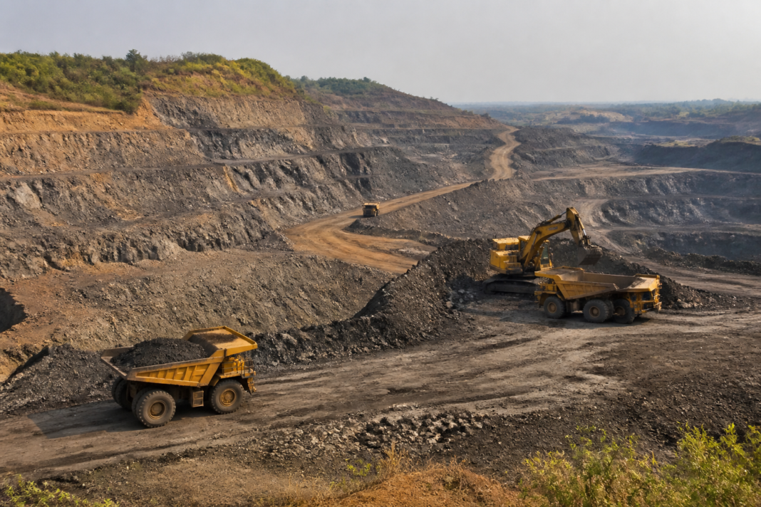 Odisha coal mining violations at an open-cast mine with heavy excavation machinery
