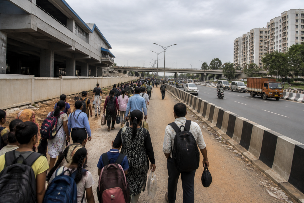 Hebbagodi Metro station skywalk gap forcing commuters to use a distant underpass