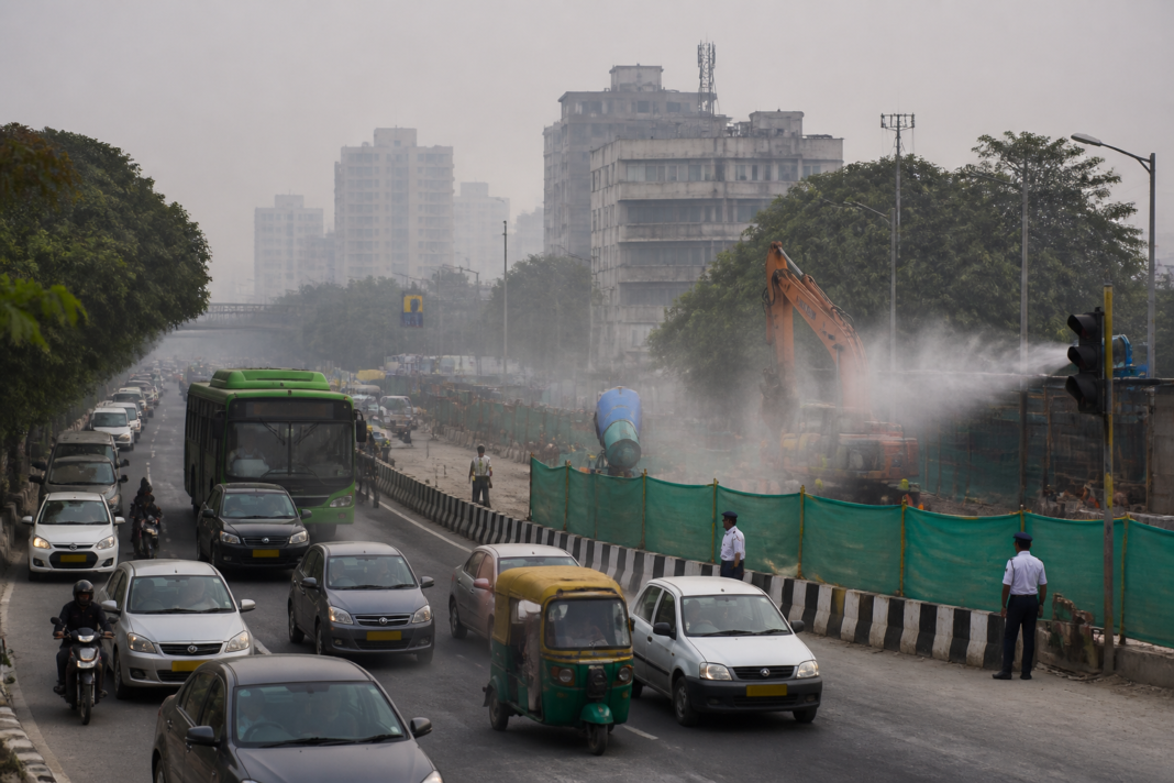 Delhi winter pollution plan with traffic and construction controls on a smoggy urban road