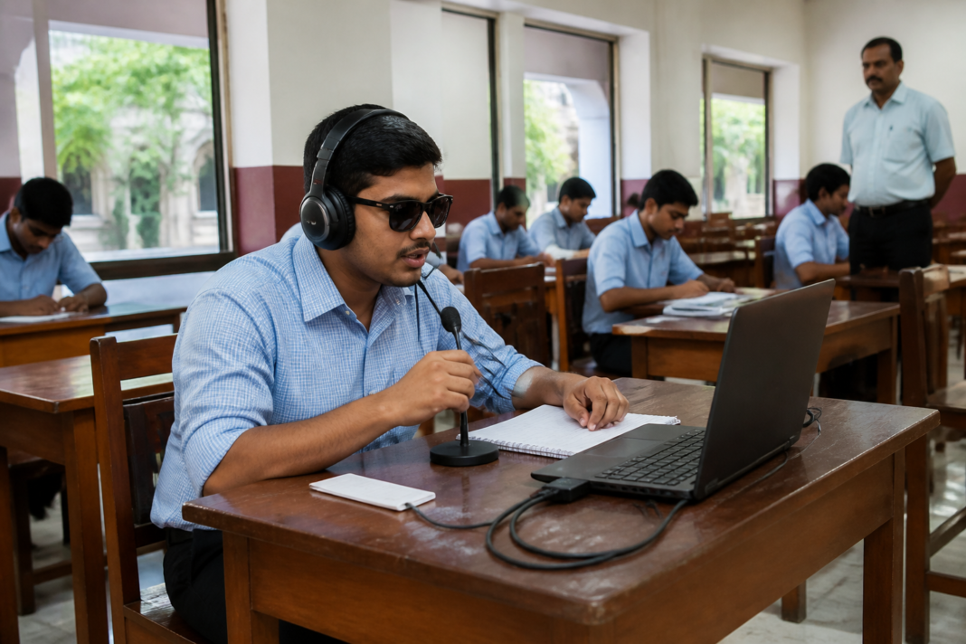 AI voice scribe technology supporting a visually challenged student during an examination