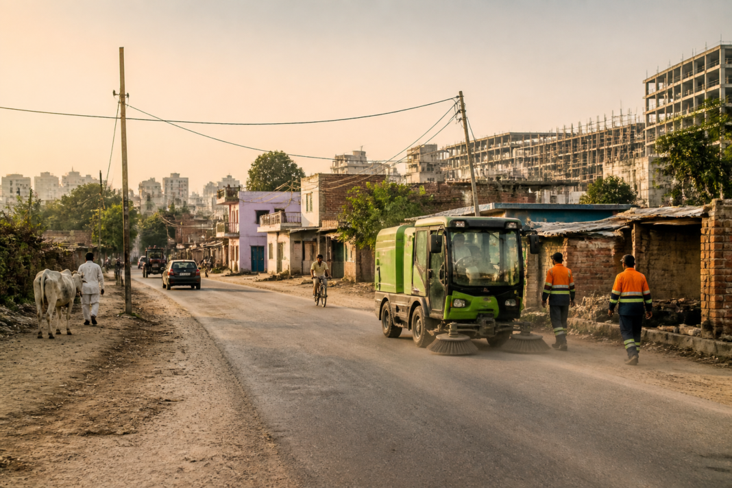 Delhi village urbanisation with a road and civic infrastructure in a growing rural-urban settlement