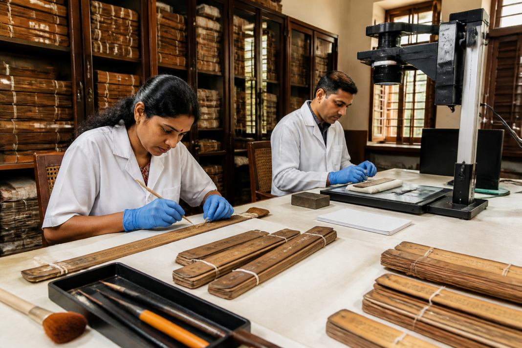 Mysuru manuscript digitisation workers carefully preserve palm leaf manuscripts at the Oriental Research Institute.