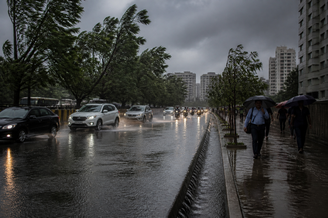 Bengaluru rain alert showing a rain-soaked city street under dark storm clouds