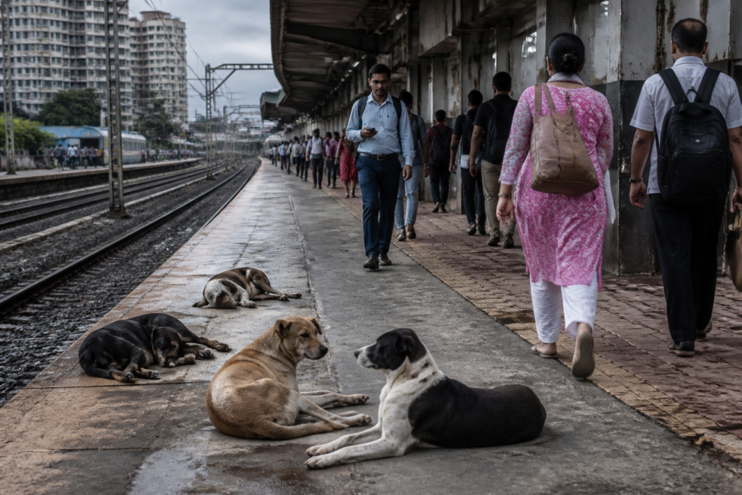 Stray dogs on a platform at Badlapur railway station during passenger movement