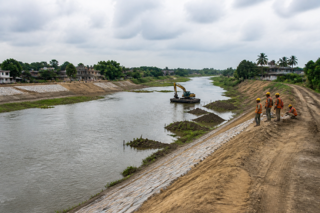 Ghatal Master Plan flood-control work near a river and embankment in West Bengal