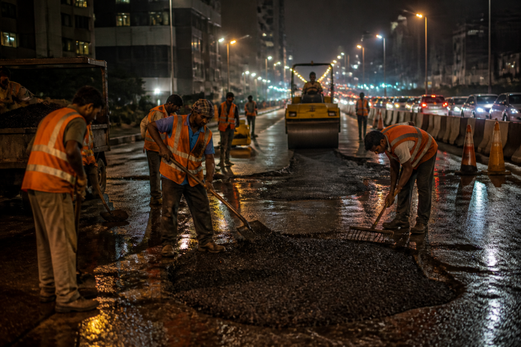 Kolkata road repairs underway at night on a rain-damaged urban road