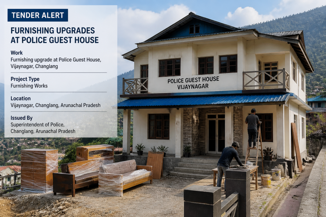 Furnishing works on an old Police Guest House building in Hawai, Arunachal Pradesh, showing civil infrastructure improvement
