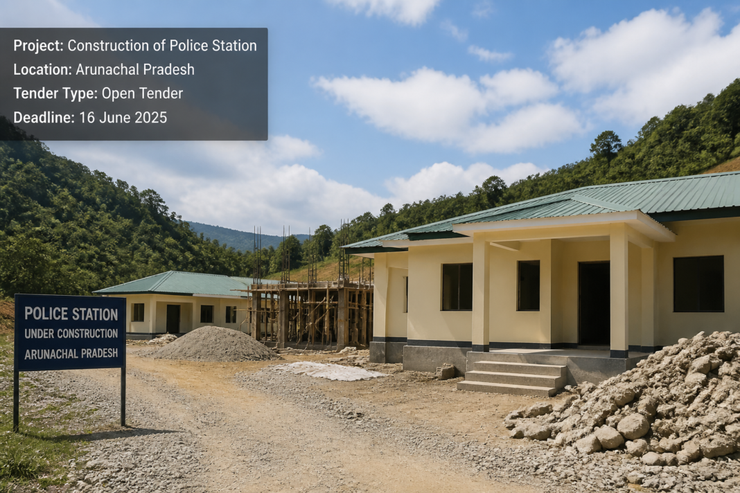 Exterior shot of police buildings under construction at Anini Police Station in Arunachal Pradesh, showing civil works infrastructure