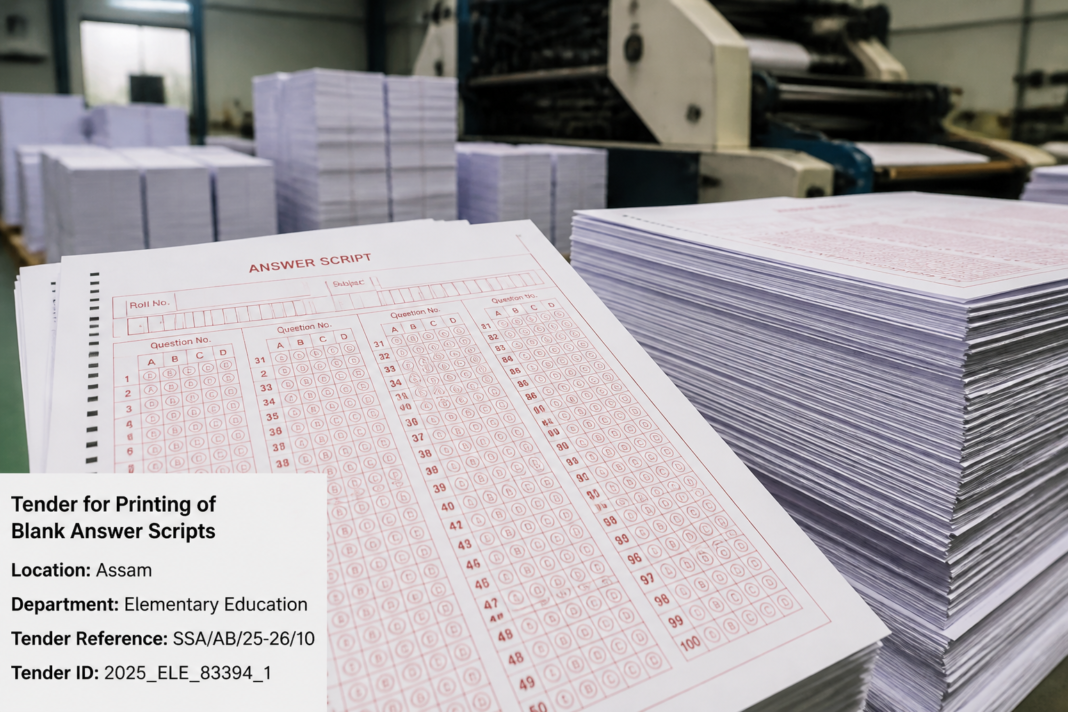 Printed blank examination answer scripts stacked in Assam government printing facility for HS Final Examination