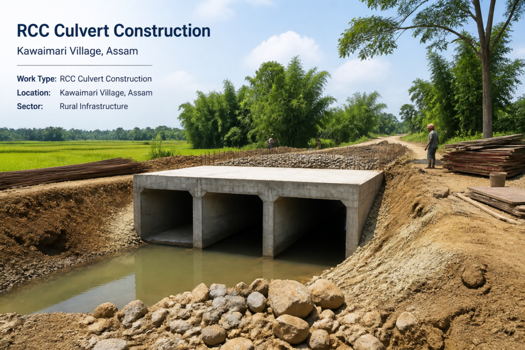 RCC culvert construction site at Kawaimari village depicting rural civil works infrastructure development in Assam