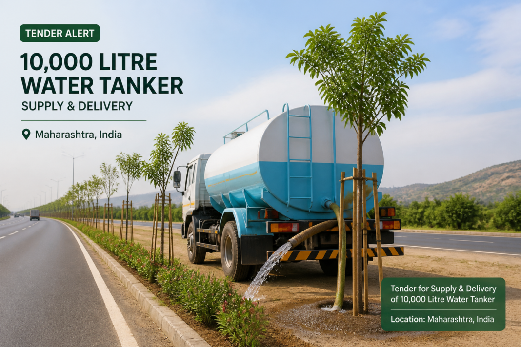10,000 litre water tanker vehicle beside highway with avenue plantation trees in Maharashtra