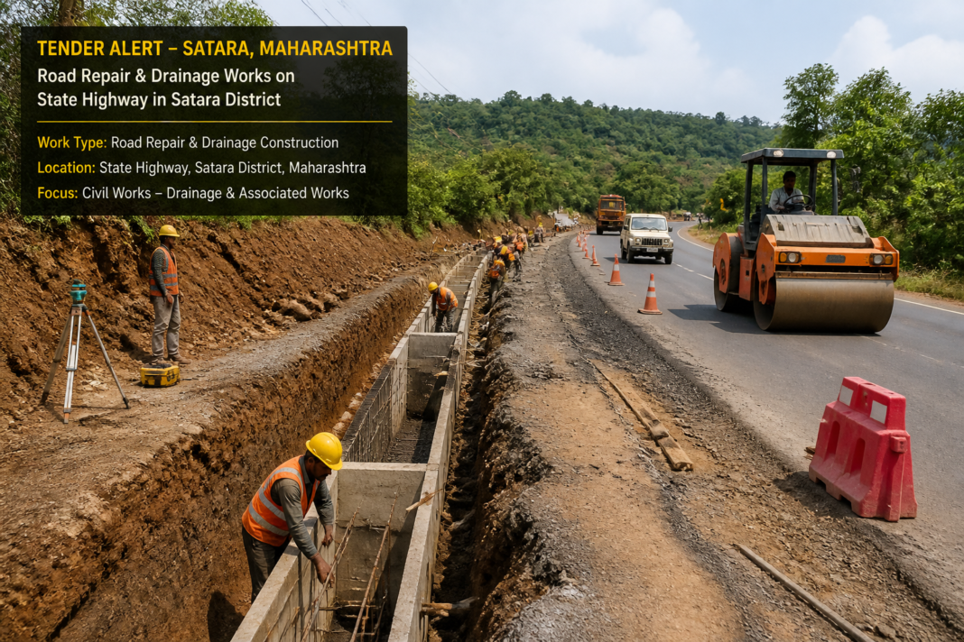 Road repair and drainage construction works on State Highway 136 in Satara district, Maharashtra