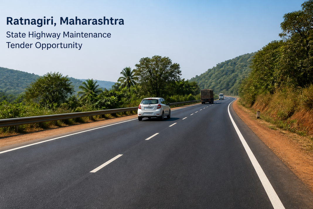 A well-maintained stretch of Nivali Jaigad Road (State Highway 164) surrounded by greenery in Ratnagiri, Maharashtra representing road infrastructure maintenance.
