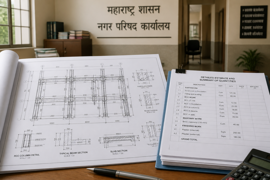 RCC structural design blueprints and budget documents on desk inside Yavatmal Municipal Council office