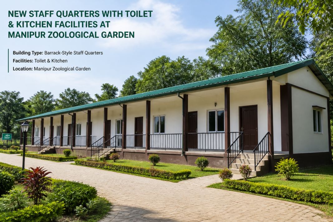 Modern barrack-type staff quarters building with toilet and kitchen facilities at Manipur Zoological Garden under construction