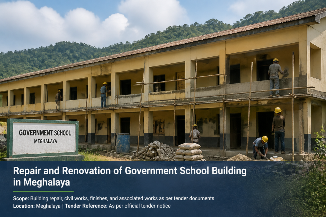 Government school building in West Garo Hills Meghalaya under renovation with construction workers
