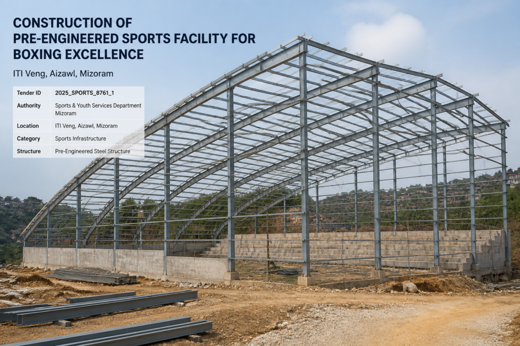 Pre-engineered steel structure building under construction at ITI Veng, Aizawl for Centre of Excellence Boxing