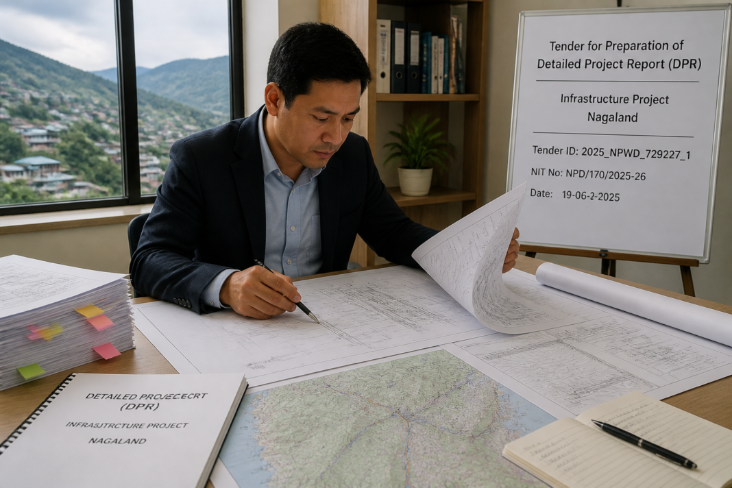 Government official reviewing Detailed Project Report documents for infrastructure project in Nagaland