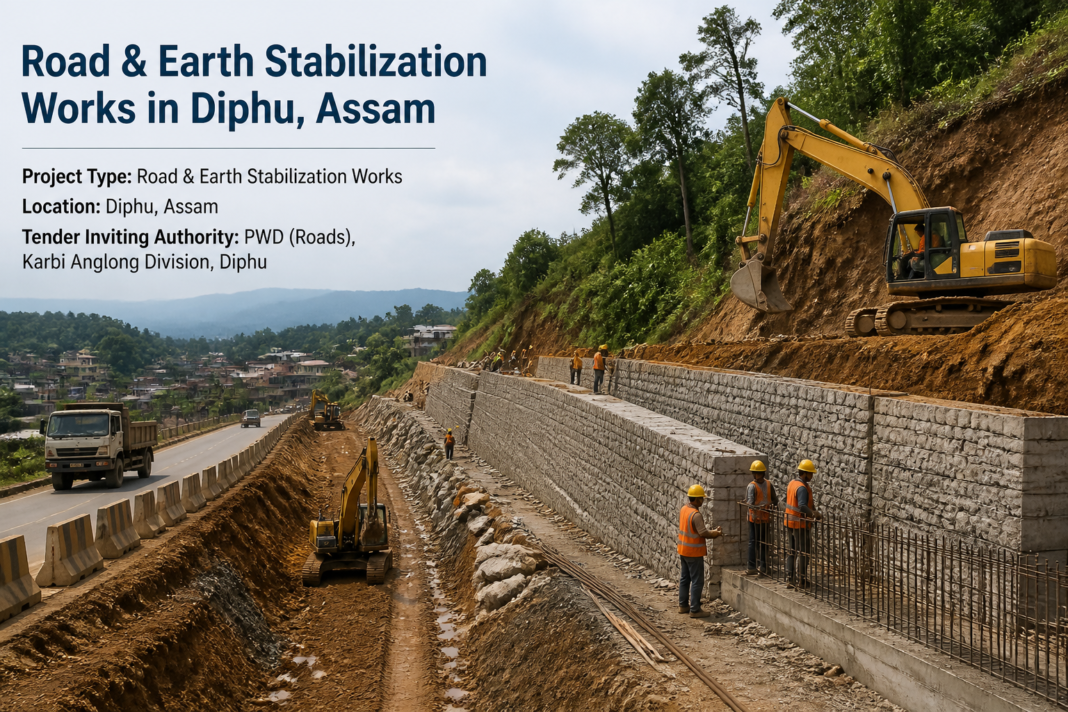 Retaining wall construction site under government infrastructure project in Taralangso Dikreng, Diphu, Assam