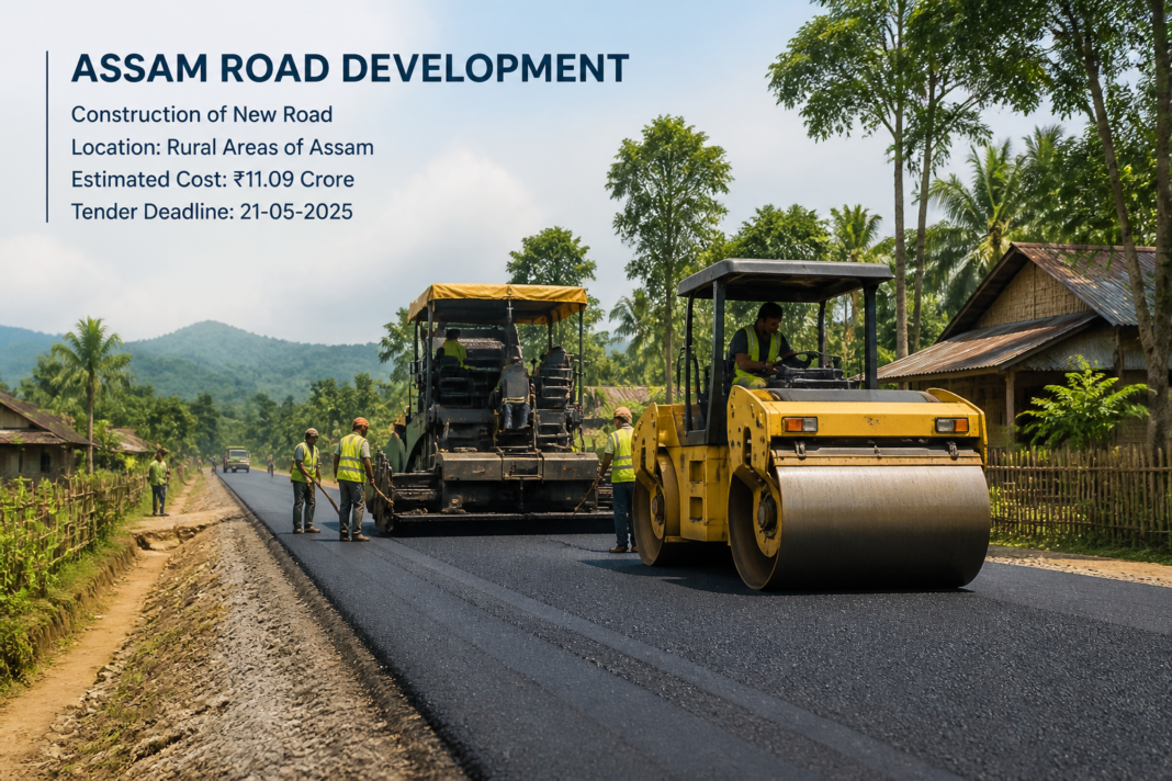 Road construction site in rural Assam village under Special Grant to KAAC, showing machinery and work in progress