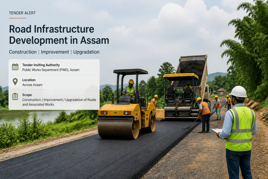 Road construction site in Assam showing workers and machinery building a rural road between Nihanglangso and Rongsamphri
