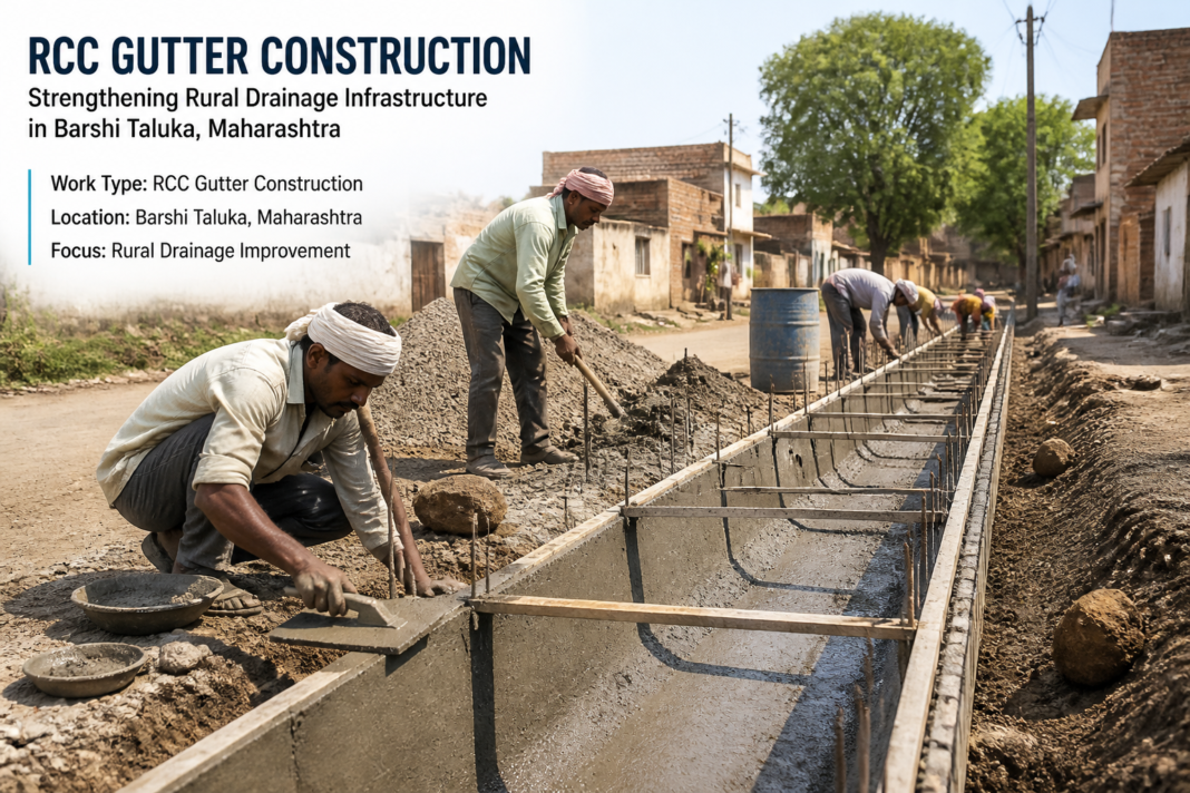 Construction workers building RCC gutter in rural village Ambabaichiwadi, Maharashtra