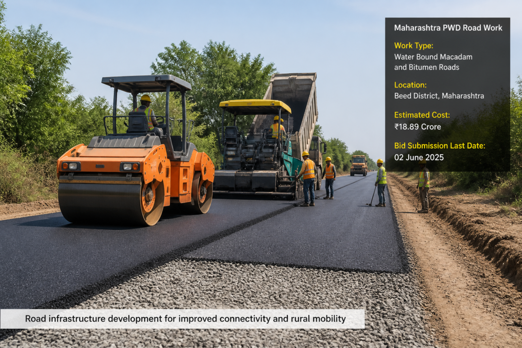 WBM and Bitumen road construction site in Maharashtra with machinery and workers engaged in civil works