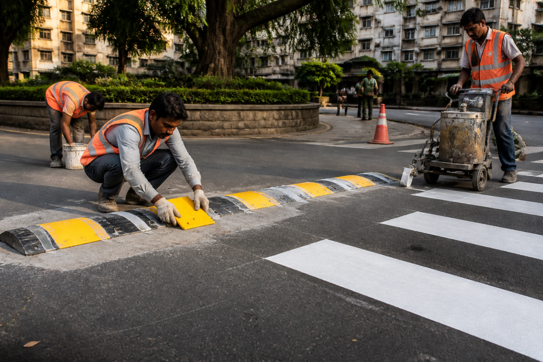 Road workers installing speed breaker and applying thermoplastic road markings at Union Park in Mumbai's H West Ward
