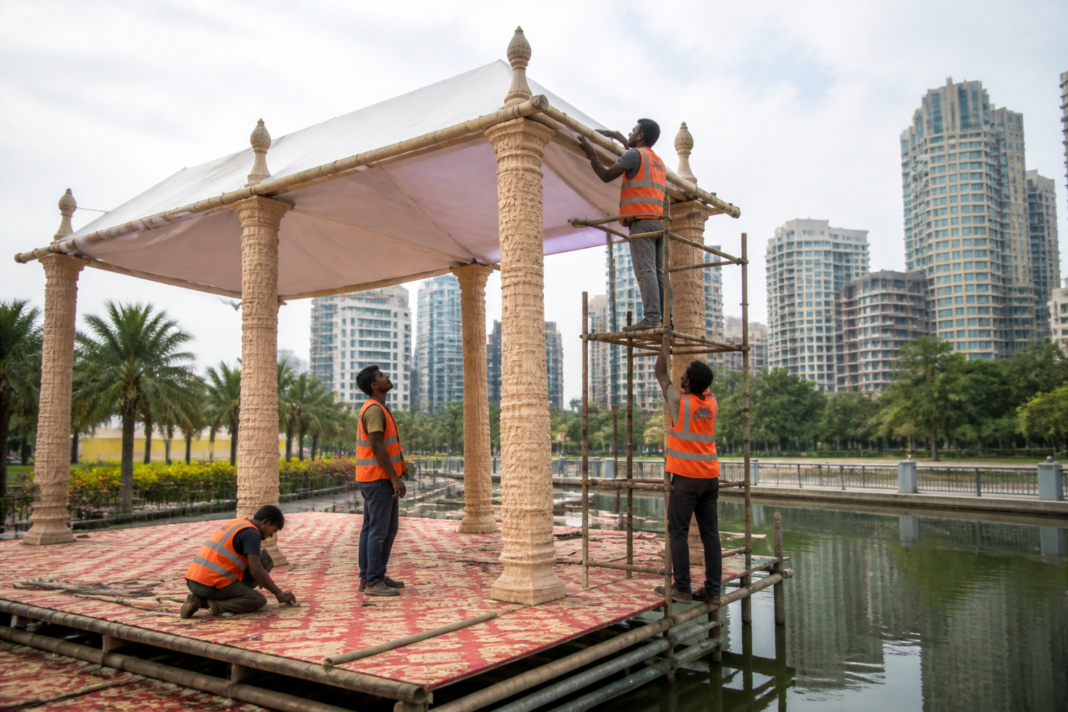 Labour workers setting up Mandap near artificial pond in KW Ward for Durga idol immersion tender