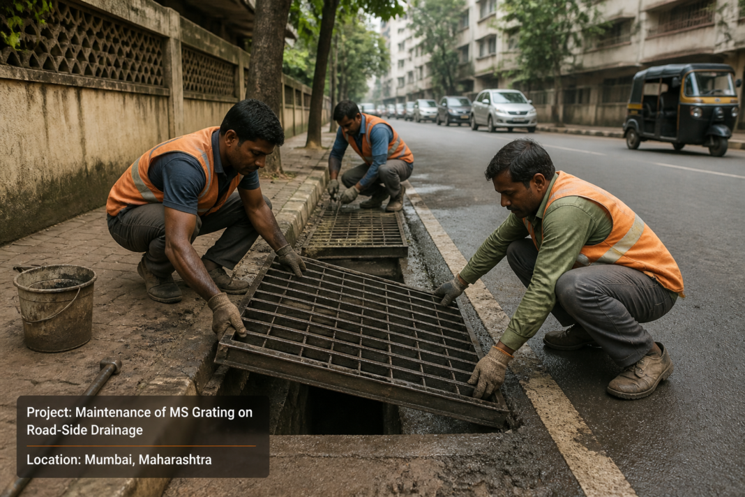 Workers installing mild steel grating on drainage channel in H West Ward Mumbai civic maintenance project