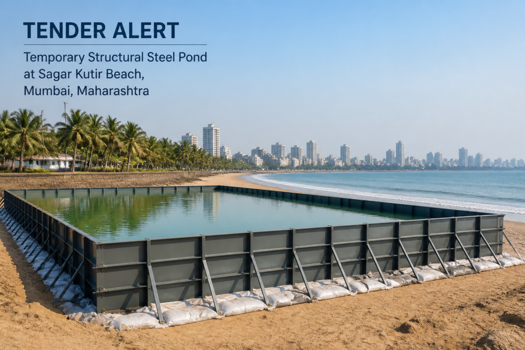 Temporary Durga immersion pond construction at Sagar Kutir beach, KW Ward Mumbai featuring structural steel framework