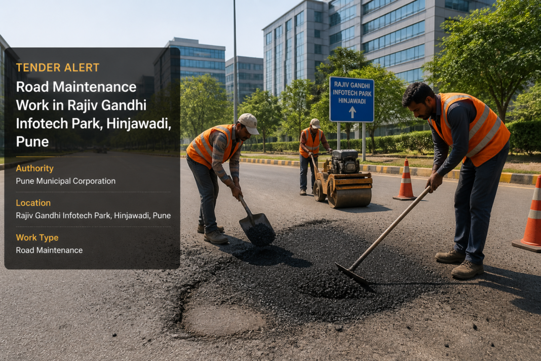 Road repair work with workers filling potholes inside Rajiv Gandhi Infotech Park Hinjawadi, Pune under Maharashtra government tender
