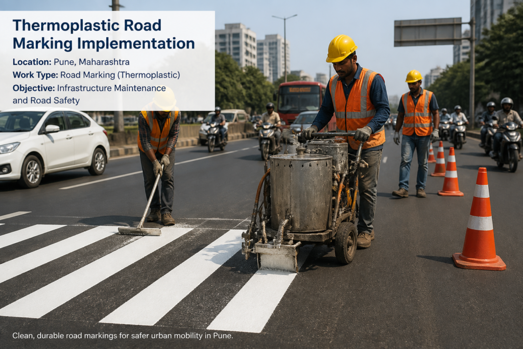 Thermoplastic road painting work on urban roads in Pune under government tender for civil infrastructure maintenance