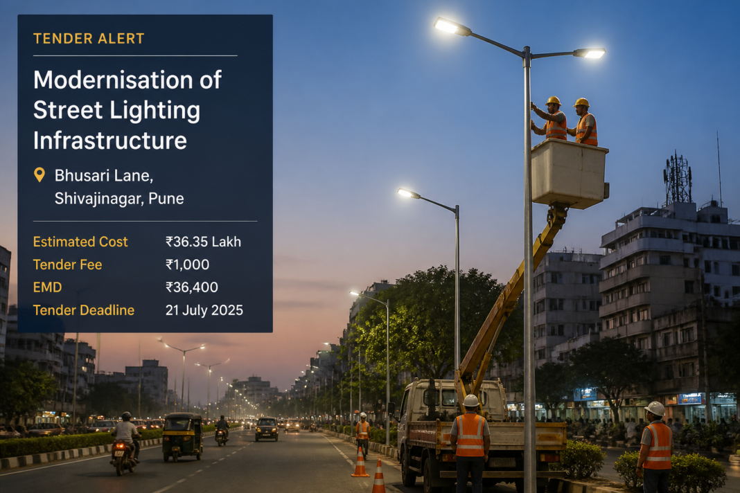 Well-lit urban street in Pune's Shivajinagar showing installed street lighting infrastructure