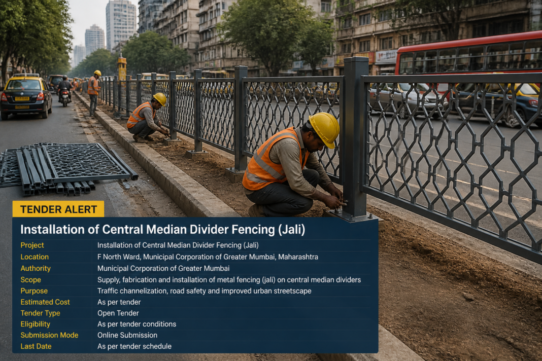 Central median divider fencing installation along urban road in Mumbai’s F North Ward