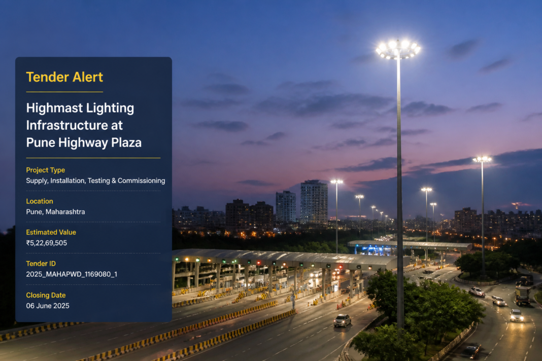 Highmast lighting poles illuminating a highway plaza area in Pune reflecting electrical infrastructure improvement