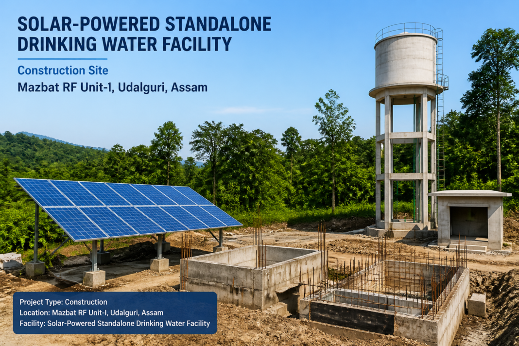 Solar powered standalone drinking water facility construction site at Mazbat RF Unit-l in Assam with solar panels and civil infrastructure works