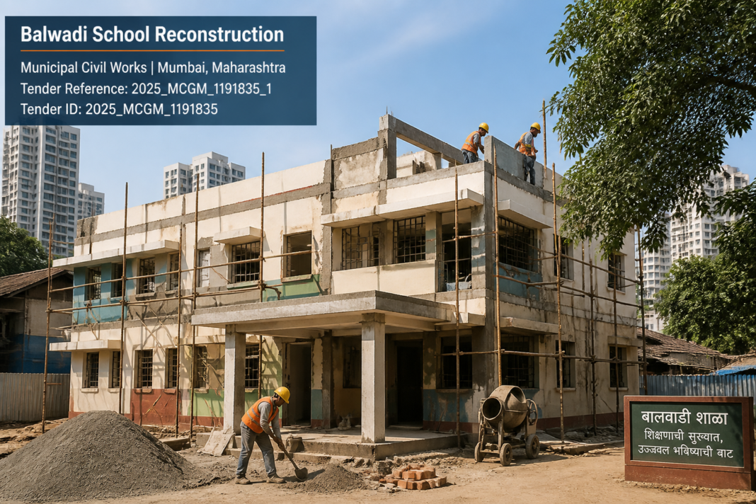 Balwadi B129 reconstruction civil works at Mumbai municipal site showing building and workers