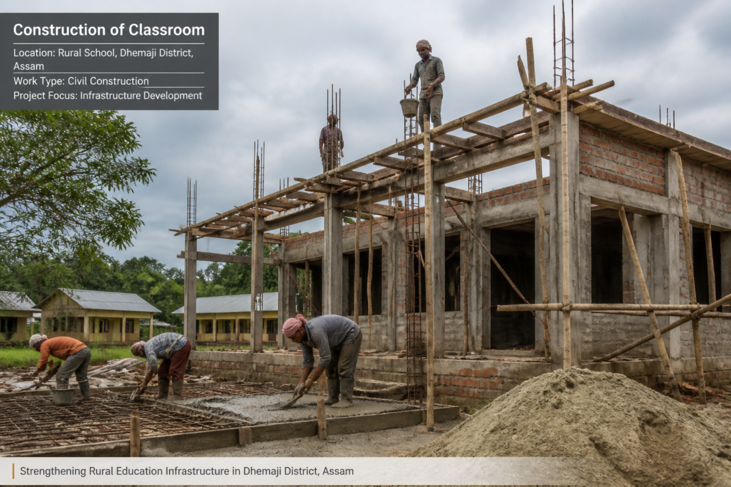 Construction work for additional classroom building at Bhagwan Miri LP School in Dhemaji district, Assam.