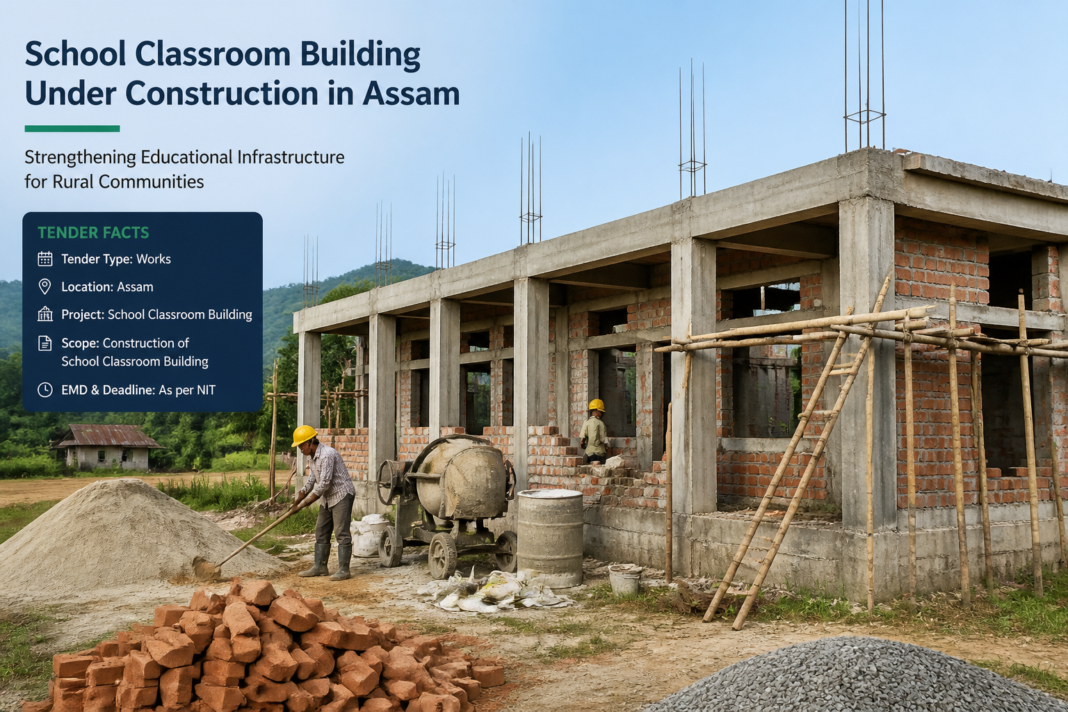 Construction site of additional classroom building at Gali High School in Assam for government infrastructure development
